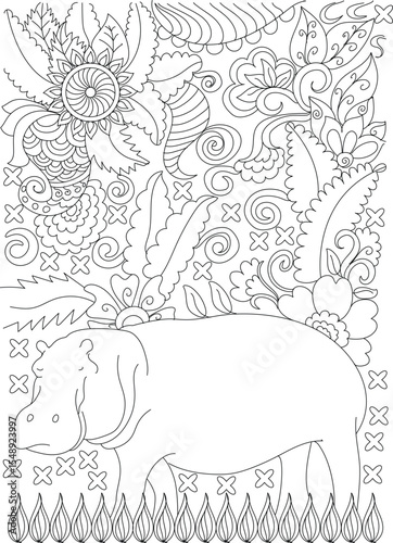 Relaxing Lazy Hippo Coloring Page in Lush Jungle Environment with Detailed Floral and Abstract Patterns - Perfect for Kids and Adults for Anti-Stress Activity