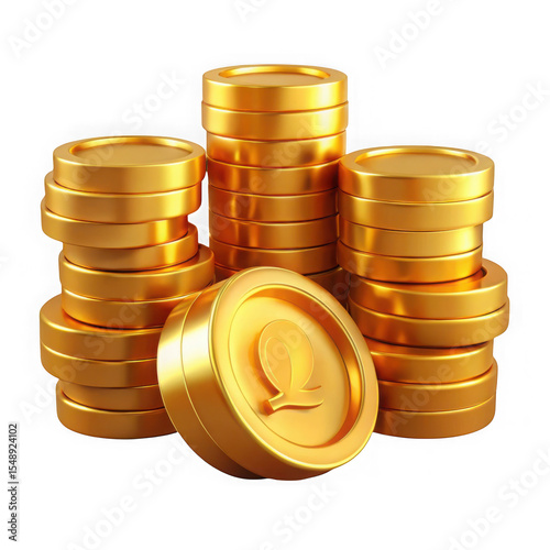 Shiny golden coins stacked representing wealth investment financial success on black background