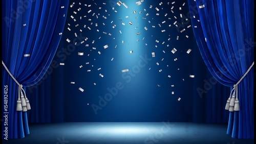 A vibrant illustration of a blue stage curtain with falling confetti, perfect for event backdrops, stage design, or festive celebration visuals.