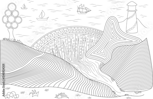 Abstract Line Art Landscape Featuring River, Bridge, Sailboats, Ship, and Lighthouse - Stylized Illustration of a Scenic Coastal or River View with Unique Patterned Hills and Tree
