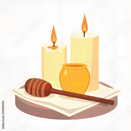 Candles and honey on a towel, symbolizing warmth and comfort