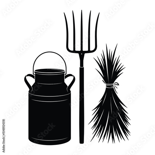  Countryside vibe silhouette set with milk can, pitchfork, and hay bundle on isolated black and white background