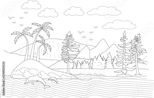 Detailed line art of a unique landscape blending tropical and mountain scenery with sea life, perfect for coloring or illustration.