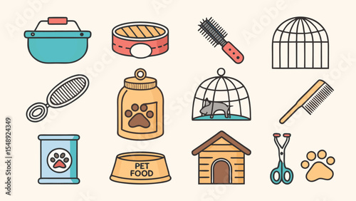 Flat Icon Set of Pet Care and Animal Accessories on White Background.