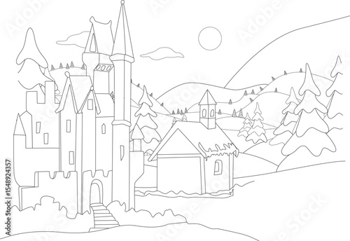 Detailed line art illustration of a fantasy castle and cozy house nestled in a snowy winter landscape with hills, evergreen trees, and a moon, perfect for coloring books or illustration projects.