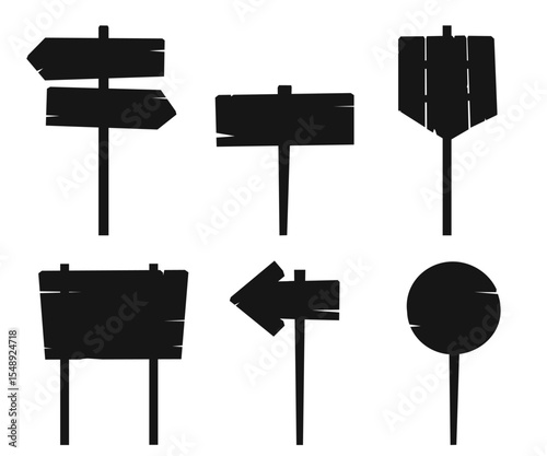 Wooden chalkboards or signs for announcements. Black silhouette pointer. Travel guidepost. Navigation arrow or billboard. Crossroad signpost. Directional roadsign. Vector signboards set