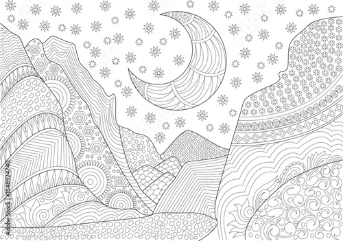 Detailed fantasy night landscape with crescent moon and stars above patterned mountains, intricate line art illustration for adult coloring books, featuring various geometric and organic textures.
