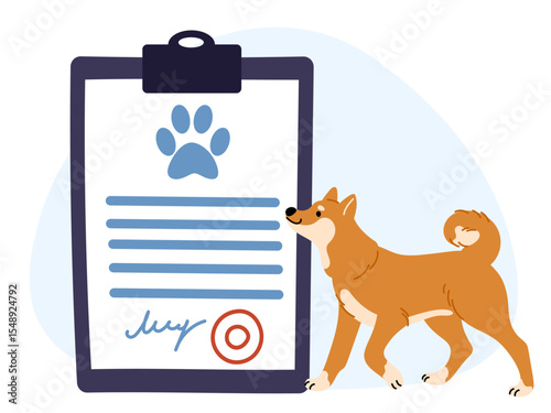 Vet document. Dog passport. Health certificate for transportation. Travel with pet. Paper at clipboard. Veterinary board. Doggy medical prescription. Puppy vaccination. Vector concept