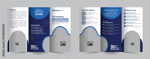 Dental clinic Business Trifold Brochure Design for Hospitals, Clinics, or Healthcare Services. Modern Trifold brochure for teeth treatment, checkup, and oral care promotion Template