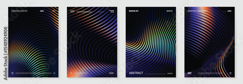 Abstract line wave gradient poster background vector set. Minimalist cover template with vibrant perspective line wave in motion. Ideal design for social media, cover, banner, flyer, music, ads.