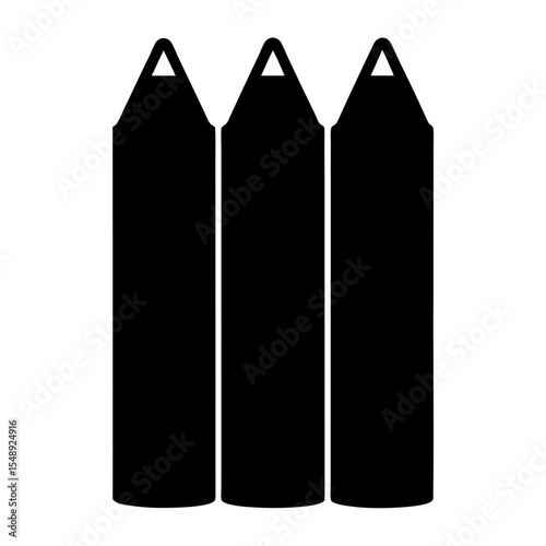 Three identical black vertical shapes with triangular upper parts are displayed