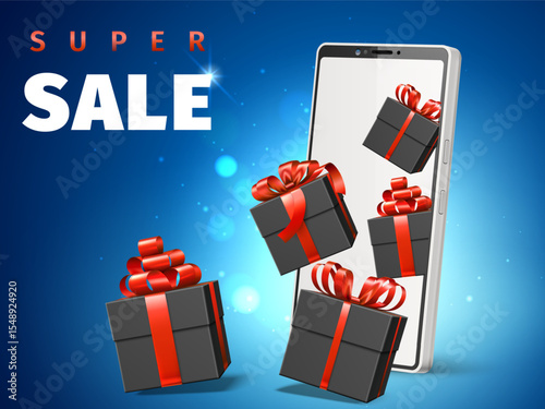 Smartphone with holiday gift boxes flying out of screen. Big sale. Present bonus. 3D phone screen. Promotion advertising background. Online shopping. Vector realistic marketing banner