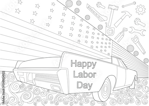 Happy Labor Day Black and White Line Art Illustration: Classic American Car, Patriotic Flag Motif, and Various Industrial Tools - Ideal for Coloring Pages, Cards, Banners