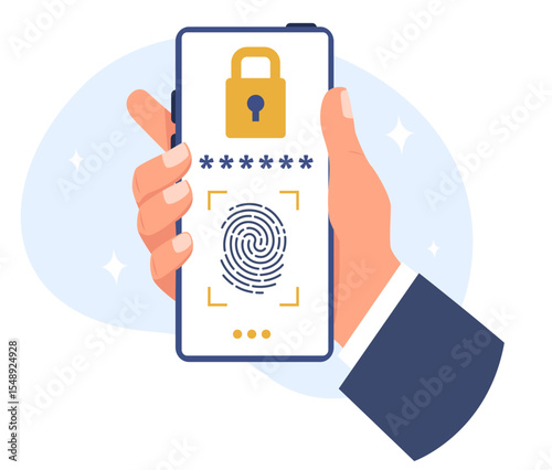 Scanning fingerprints on screen to unlock your smartphone. Biometric unique identification. Security technology. Electronic scanner. Phone password. Hand holding device. Vector concept