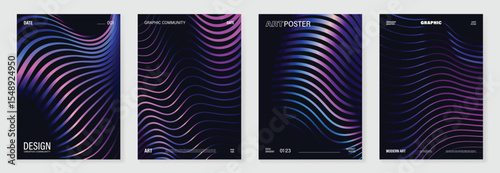 Abstract line wave gradient poster background vector set. Minimalist cover template with vibrant perspective line wave in motion. Ideal design for social media, cover, banner, flyer, music, ads.
