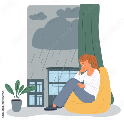Sad lonely woman sits crying in background of wet city. Autumn depression and melancholy. Unhappy girl at windowsill. Overcast weather. Alone female on cozy armchair. Vector concept