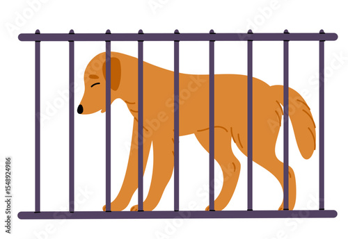 Sad dog sits in cage. Domestic animal shelter. Doggy adoption. Homeless pet. Canine veterinary. Upset mammal kennel with lattice. Abandoned puppy. Lost labrador waiting. Vector concept