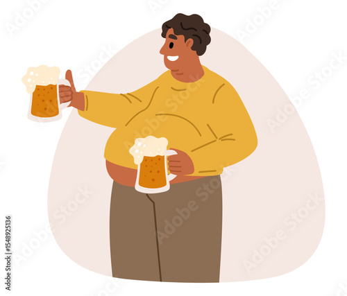 Overweight guy with two beer mugs. Health problems. Overweight man drinking lager. Octoberfest party. People suffer from obesity. Fat abdomen body. Alcohol beverage. Vector concept