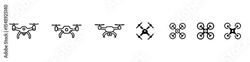 Modern drone icon set in outline style showing quadcopter aerial devices, flying drones with propellers, surveillance technology, camera drones