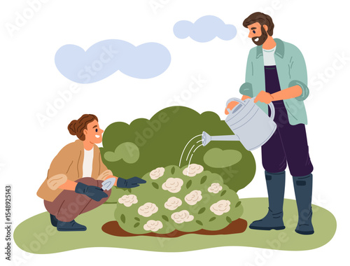 People work in garden. Woman planting flowers. Man with watering can. Agriculture worker. Gardeners growing bush. Couple gardening in nature. Farmers care of blooms. Vector concept