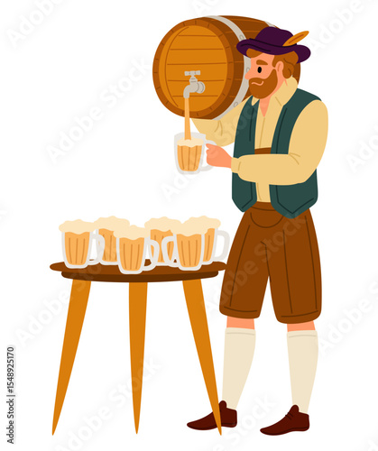 Man in festive attire pours beer by glass from wooden barrel. Octoberfest party. Bavarian holiday. Pub alcohol beverage. Autumn celebration. Foam lager pint cups on table. Vector concept