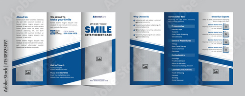 Dental clinic Business Trifold Brochure Design for Hospitals, Clinics, or Healthcare Services. Modern Trifold brochure for teeth treatment, checkup, and oral care promotion Template