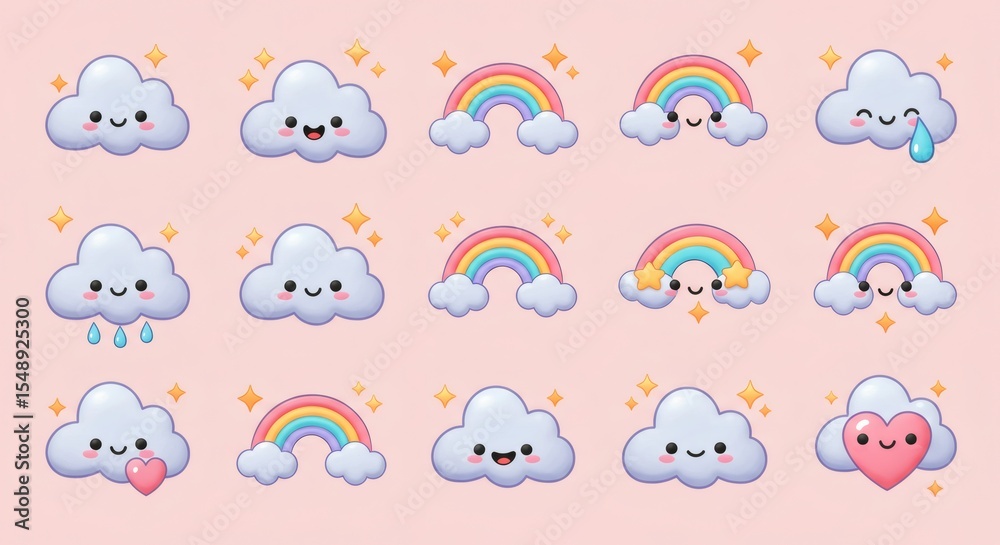 Fototapeta premium Adorable Kawaii Cloud and Rainbow Illustrations Cute Cartoon Characters for Kids Design and
