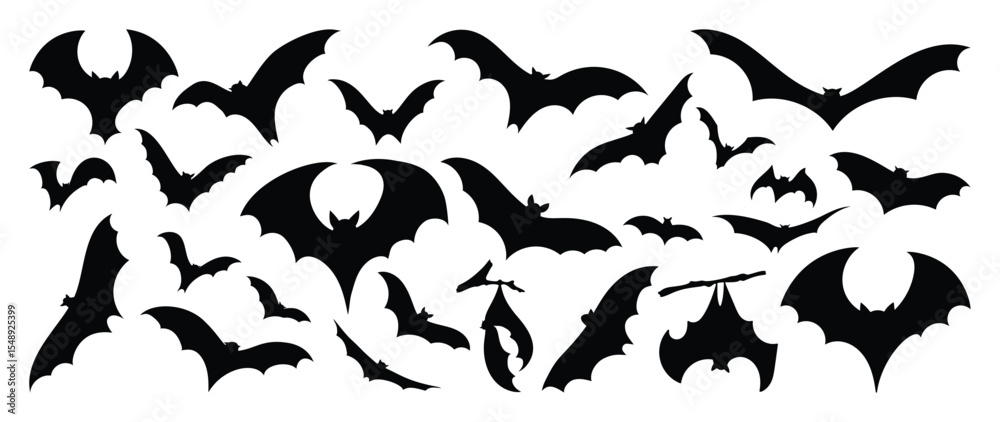 Fototapeta premium Happy Halloween silhouette element vector set. Collection of spooky bat flying. Halloween decoration Isolated icon holidays for festival, sticker, card, decorative. 
