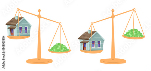 House with money on scales. Increase or decrease in value on home. Real estate costs valuation. Financial inflation. Residential building and banknotes heap imbalance. Vector concept