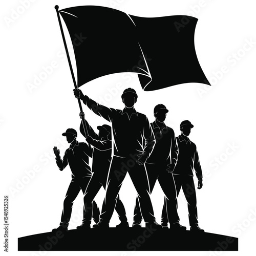 Group of workers holding flag silhouette vector for unity and labor on isolated black and white background