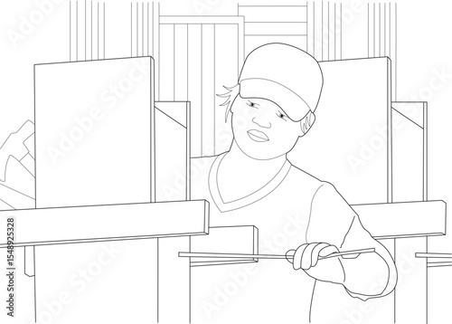 Detailed Line Art Illustration Depicting a Focused Manual Laborer Working with Tools Amidst Structural Elements, Concept of Hard Work, Industry, or Labor Day Themes.