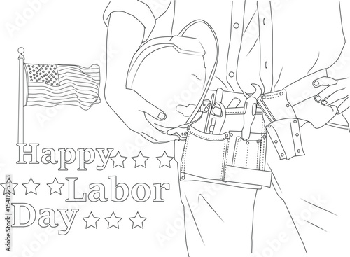 Happy Labor Day line art illustration for coloring page featuring a construction worker with hard hat and tool belt next to the American flag, celebrating the US holiday of labor.