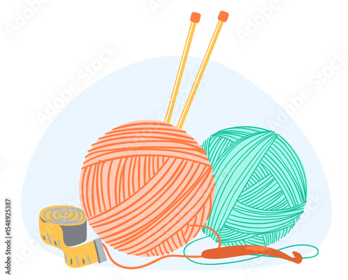 Handicraft yarn for knitting wound into balls. Wool ball. Crochet hook. Needles and measuring tape. Handmade needlework. Craft accessory. Cozy roll skein. Vector creative hobby concept