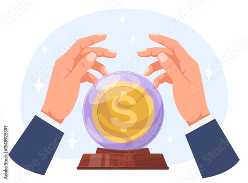 Hands businessman over crystal magic ball with gold coin dollar inside guessing over business project. Oracle sphere. Investment prediction. Financial fortunetelling. Vector concept