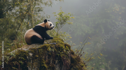 Giant panda resting on mossy rock in bamboo forest, a moment of peace in nature's embrace
