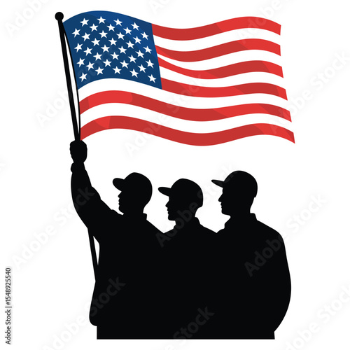 Group of workers holding flag silhouette vector for unity and labor on isolated black and white background