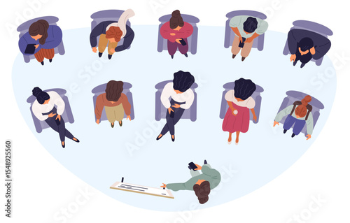 Female consultant giving presentation seated people top view. Forum audience. Men and women at armchairs. Business conference. Lecturer presenting project at whiteboard. Vector concept