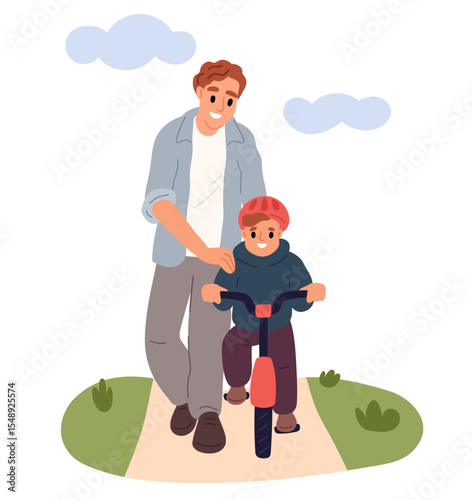 Father teaches his young son how to ride bicycle in nature. Boy learning to biking. Outdoor leisure. Parent and kid walking together. Dad and child fun activity. Vector parenthood concept