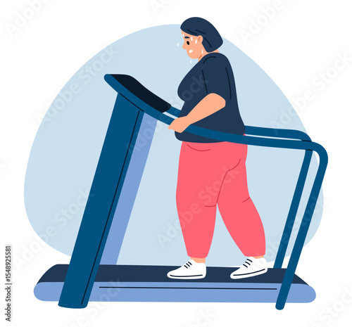 Fat woman running on treadmill tired from her workout. Overweight girl slimming. Sport training in gym. Workout exercise. Obese person in sportswear. Suffer from adiposity. Vector concept