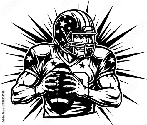 A stylized, black and white graphic illustration of a football player, poised with the ball clutched in his hands.