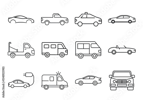 Set of line art vehicle, car, truck icons isolated on white background