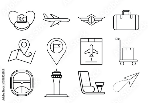 Travel icons set airplane flight journey baggage isolated on white background