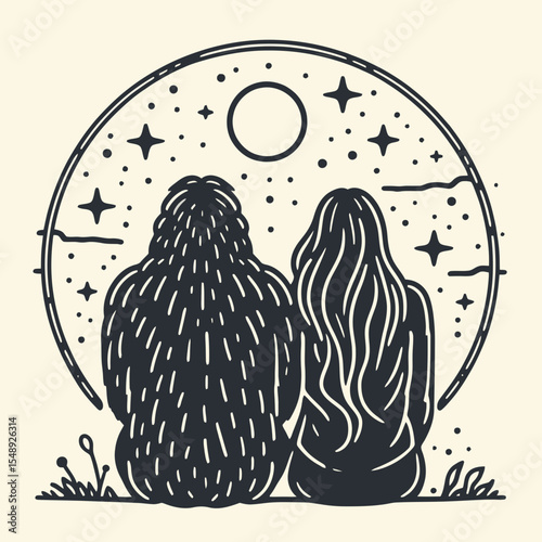 Gorilla couple back view Star gazing. Valentine Love Romance Cupid February Clipart Line Art Vector Illustration. Ape pair rear vista celestial observation primate duo night sky watch.