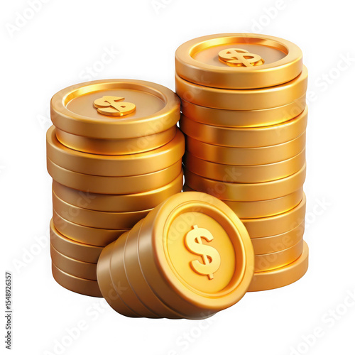 Stacks of golden coins representing wealth and finance isolated on transparent background