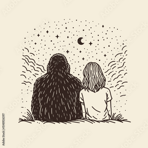 Gorilla couple back view Star gazing. Valentine Love Romance Cupid February Clipart Line Art Vector Illustration. Primate pair rear vista cosmic observation heaven gaze.