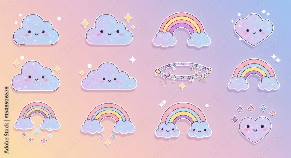 Fototapeta premium Adorable Glitter Rainbow Cloud and Heart Cartoon Illustrations Set Pastel Kawaii Design Elements