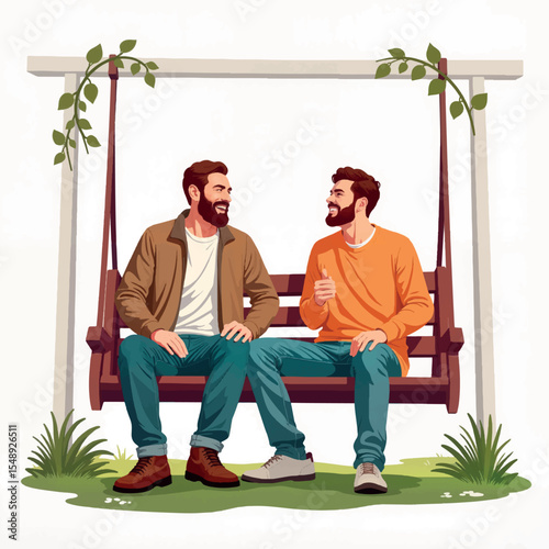 Men laughing on porch swing in cheerful ambiance, friendship concept