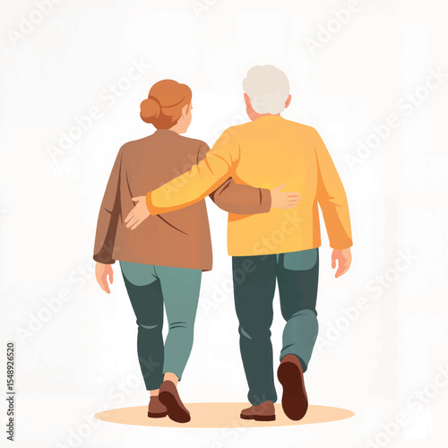 Elderly friends walking arm in arm, companionship and friendship