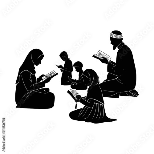 Muslim Family Reading: A Muslim family is engrossed in reading, embodying familial devotion and spiritual reflection in a peaceful home setting.