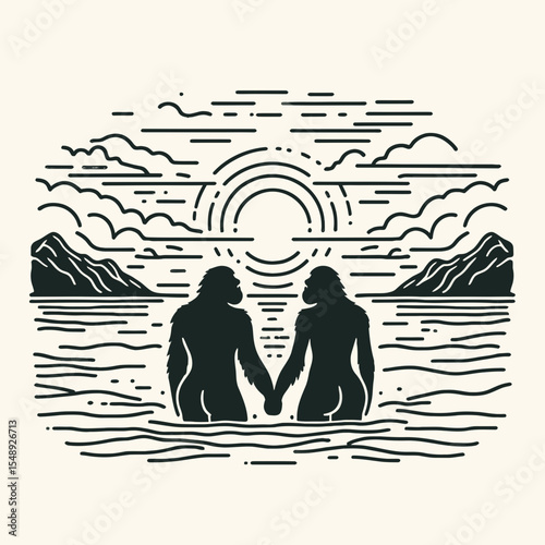 Gorilla couple Beach Sunset Kiss. Valentine Love Romance Cupid February Clipart Line Art Vector Illustration. Ape pair coast sundown affection primate duo shore twilight caress.